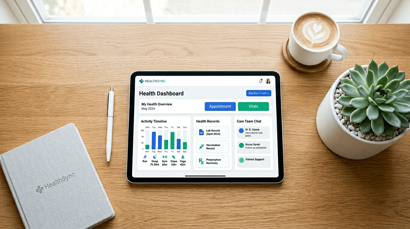 Clean desk with a tablet showing an organized health dashboard