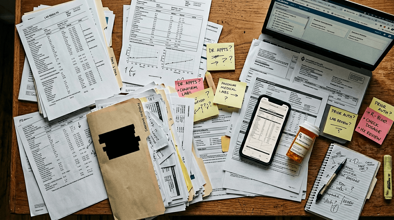 Cluttered desk with scattered medical documents, lab results, and prescription papers